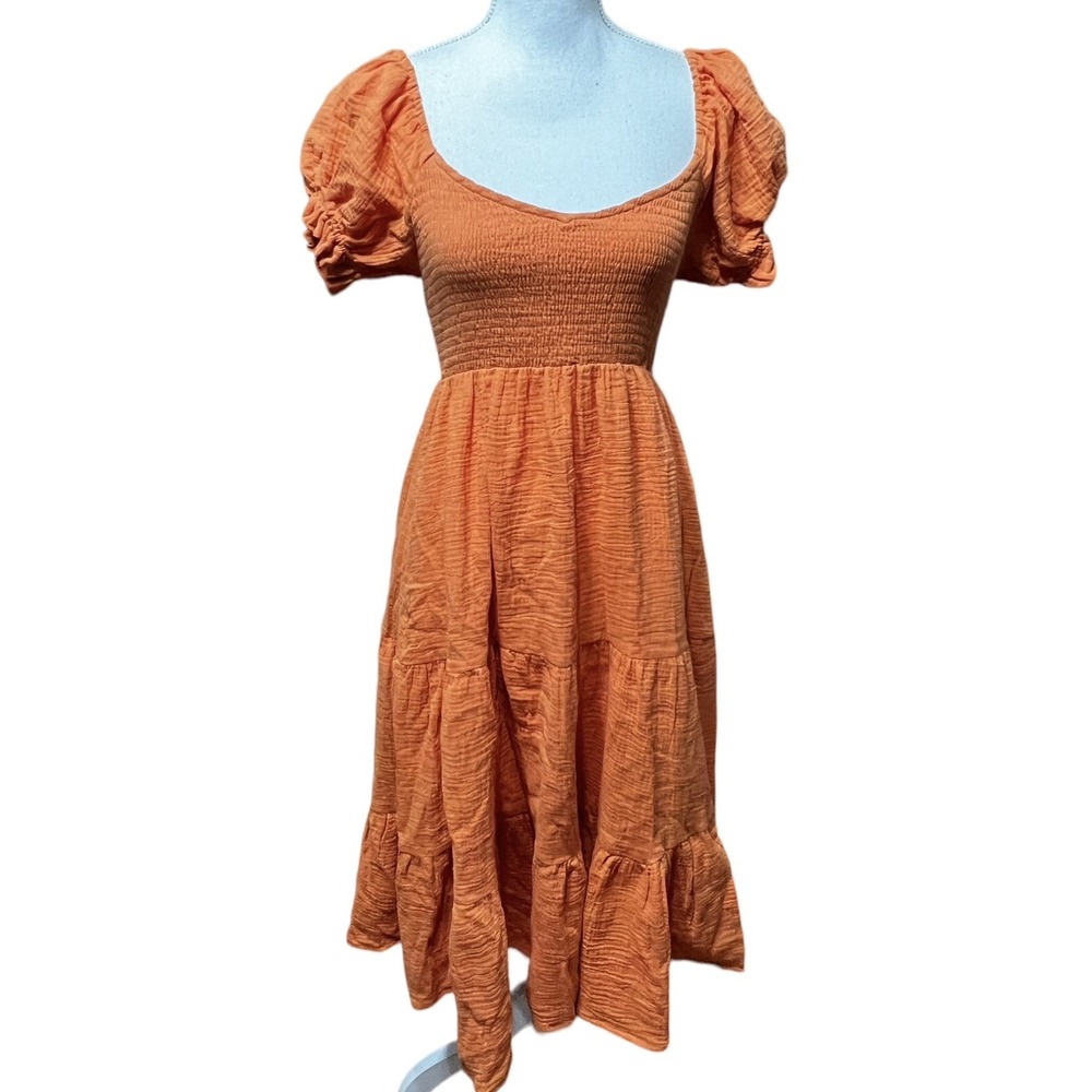 O.P.T  Boho Orange Smocked‎ Puff Sleeve Tier Maxi Dress S Gauze NWT